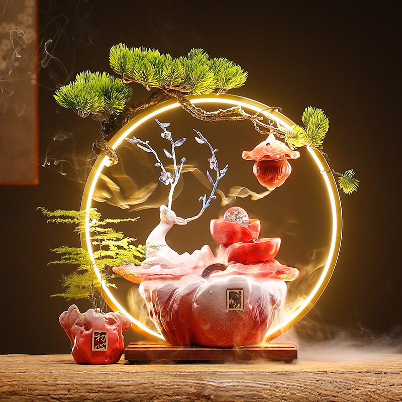 招财小鹿流水摆件循环水桌面景观加湿创意办公室S客厅装饰开业礼