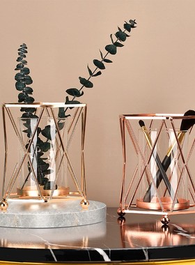 简约几何形铁艺玻璃花瓶透明水养绿植水I培花器北欧金色创意插花