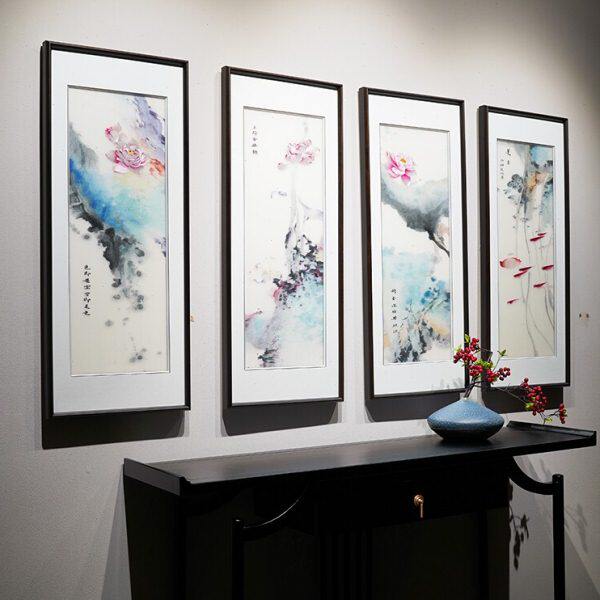 清新淡雅新中式现代风格水墨荷花图带框纯手工刺绣画客厅书房挂画