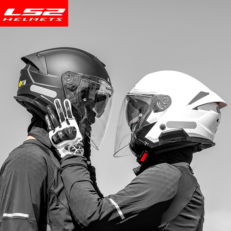 Ls2夏季摩托车双镜头半头盔大型通勤电动车头盔踏板四分之三头盔O