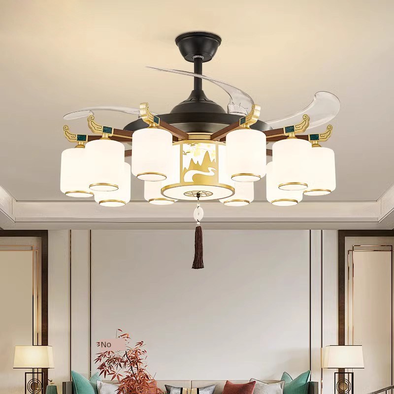 新中式高端大气客厅吊r灯与风扇餐厅卧室隐形吊扇灯中式禅宗之家