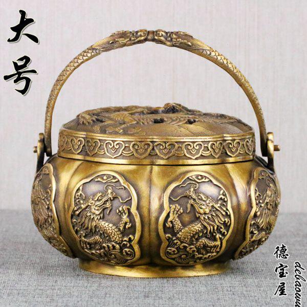 铜暖手炉纯铜仿古铜暖炉取暖汤婆子香薰炉摆件烧炭大号龙凤熏香炉