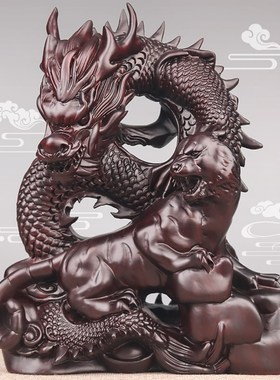 铁圈礼业黑檀f盘龙卧虎摆件木雕木制木质动物书架办公室装饰品摆