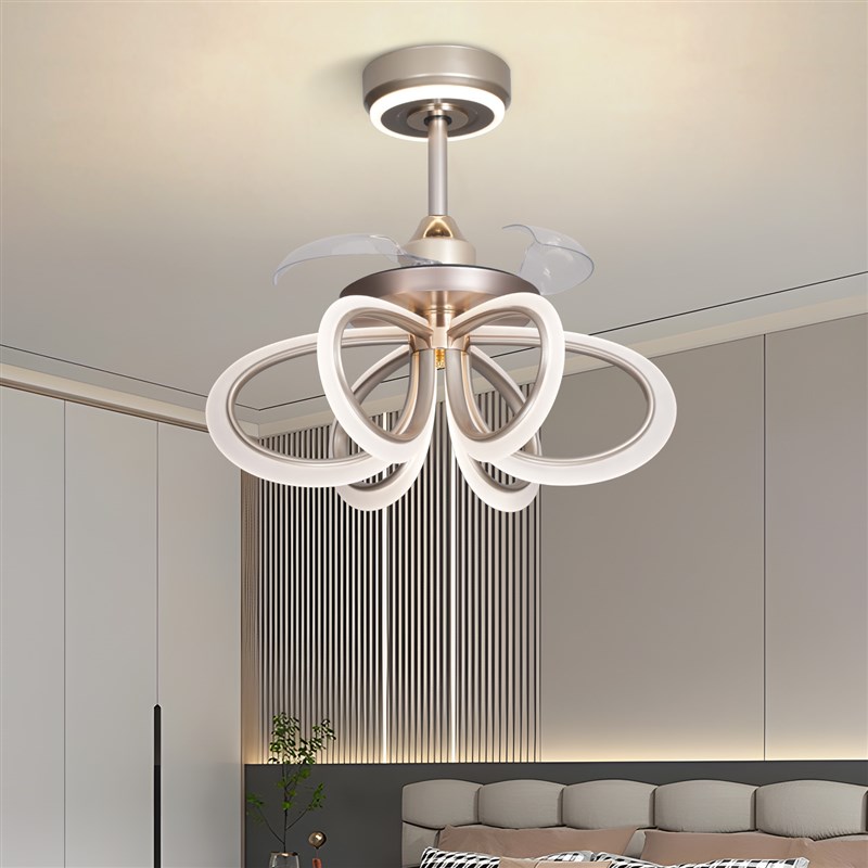新款简约风扇三i色变光全铜隐形风扇电机智能语音餐厅一体吊扇灯