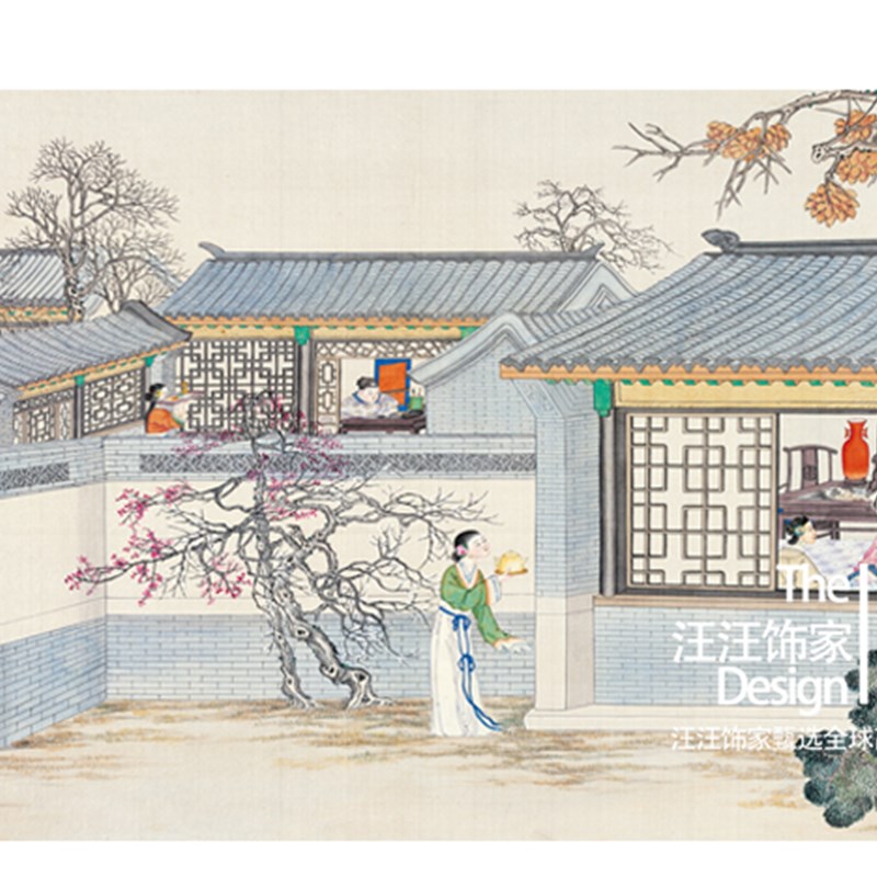 新古典仕女风h景图新中式壁纸红楼梦插画无缝墙布壁画个性定制