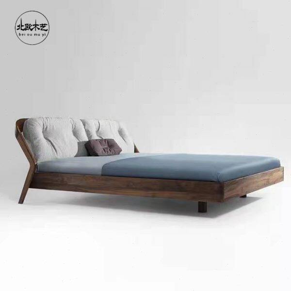 日式黑胡桃木轻奢实木床简约现代橡木双人软靠背原木北欧悬浮床架