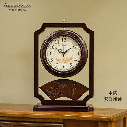 中式木质复古双面座钟客厅静音古典大坐台钟装饰台式石英钟表摆件