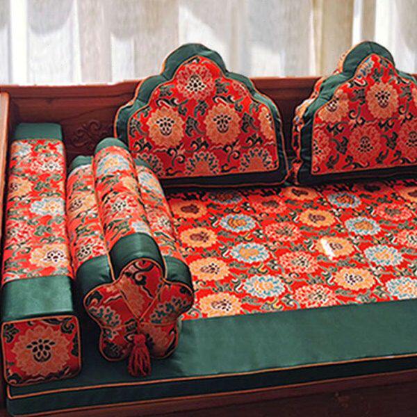 新中式高档红木沙发坐垫罗汉床五件套中国风刺绣云锦布料防滑抱枕