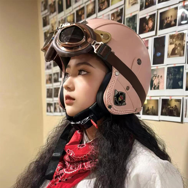 复古电动摩托车皮盔四季踏板巡航机车哈雷头盔男女电动车4/3半盔