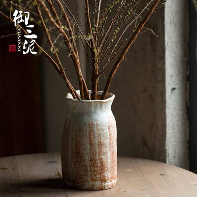 手工民宿酒店侘寂风意境摆件禅意古陶瓷花瓶粗陶瓶插鲜花冬青花瓶