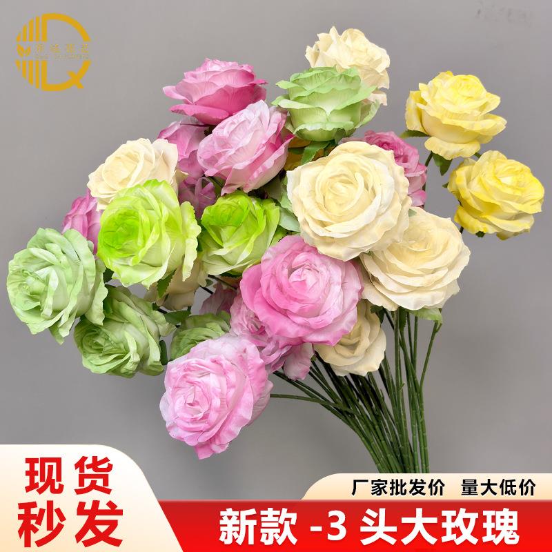 婚庆仿真3头玫瑰花3头钻石玫单支玫瑰花秋色婚礼路引装饰假花插花