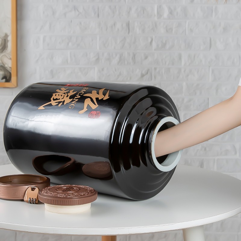 黑色陶瓷泡酒坛直筒定制仿古t20斤50斤100斤瓶私藏带龙头家用密封