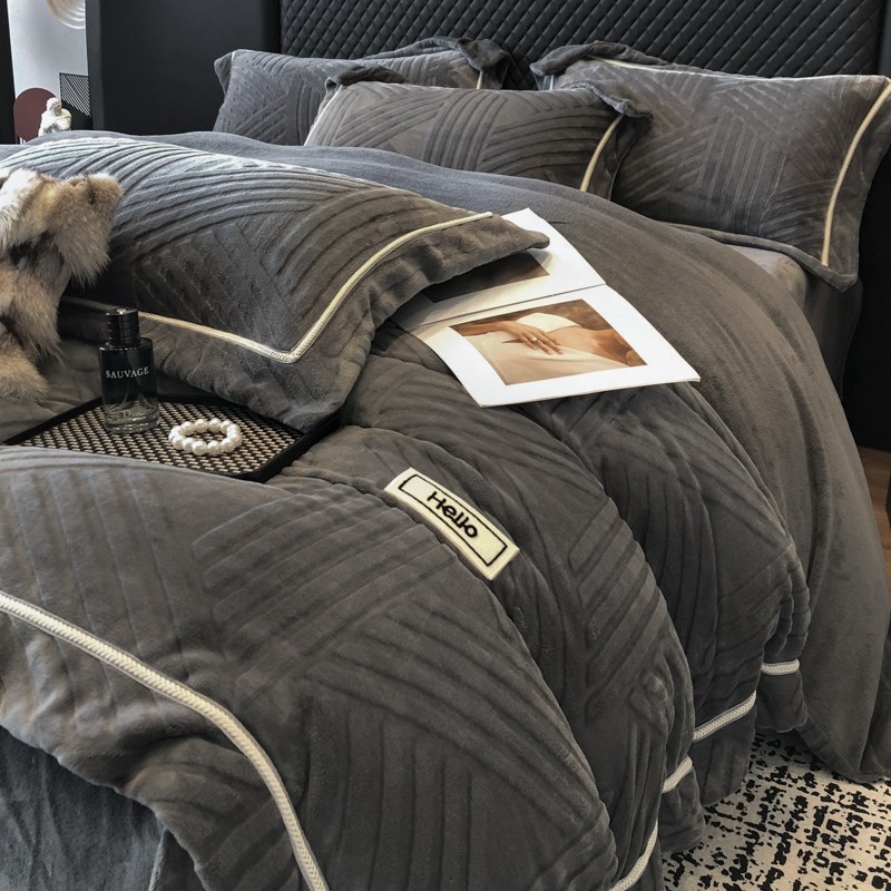 高档冬天床品牛奶绒四件套u毛绒被套双面加绒床单珊瑚绒法兰绒加