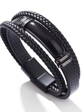欧美跨境皮手链绿东陵石头手工编织PU皮革手环不锈钢圈男士手饰品