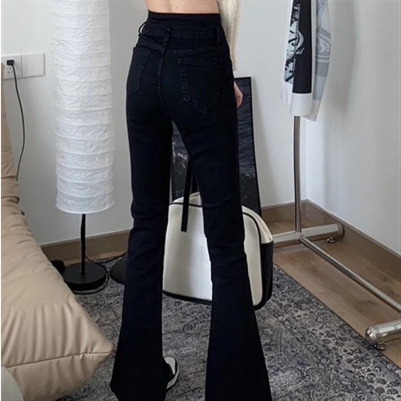 胖小皮~黑色微喇牛仔裤女新款加绒高腰小个子大码显瘦梨形喇叭裤