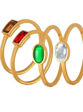 韩版东大门小众设计细圈个性钛钢镀金指环镶嵌多彩晶石戒指女饰品