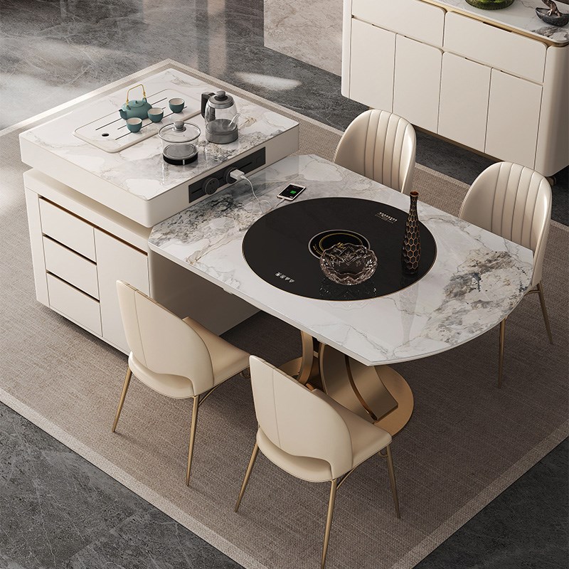 岛台餐桌a一体可伸缩方变圆桌倒台轻奢高级餐台加移动导台茶桌