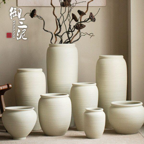 落地陶瓷日式插鲜花大花瓶客厅简约装饰侘寂风白色粗陶罐客厅摆件