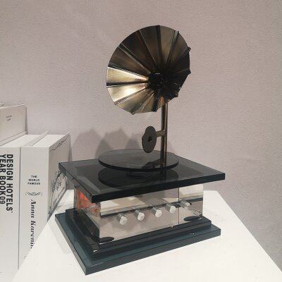 现代轻奢水晶播放机双头复古留声机摆件样板间创意CD唱片机装饰品
