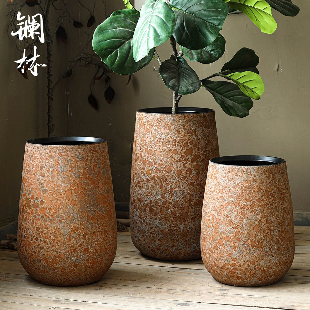 粗陶花盆大号复古户外绿植种树盆客厅阳台庭院落地陶瓷摆件带托盘