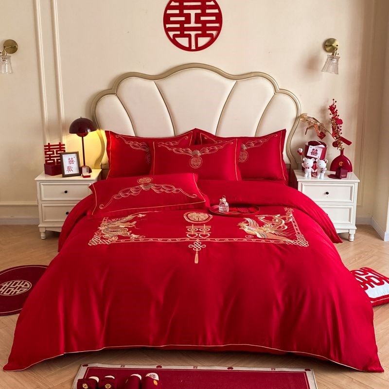丝光棉四件套婚床新婚龙凤刺绣床笠被套婚房装饰布置W床上用品床