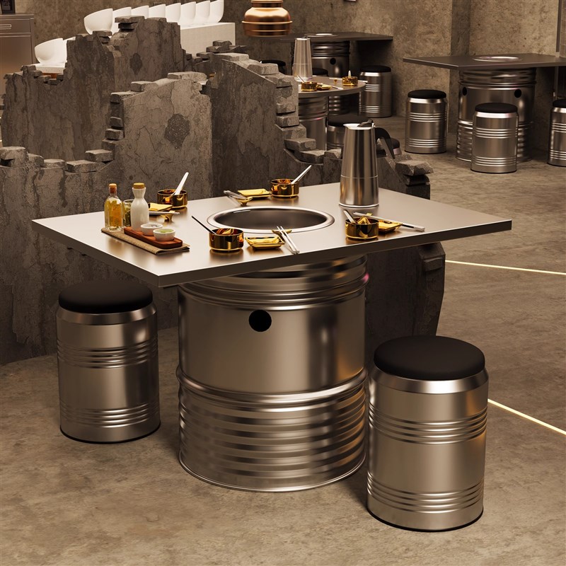 不锈钢圆桌商用炭火烤肉s桌子工业风无烟净化电磁炉火锅烧烤一体