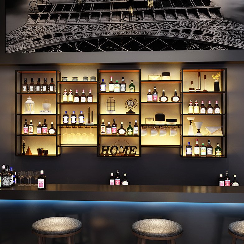 酒架壁挂酒吧展示架实木工业风铁艺复古酒杯架吧台置物架红酒酒柜