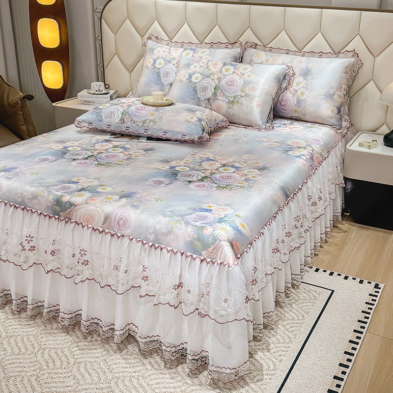 夏季新款冰丝席三件套床裙款蕾丝花边可机洗折叠1.8米床笠空调席