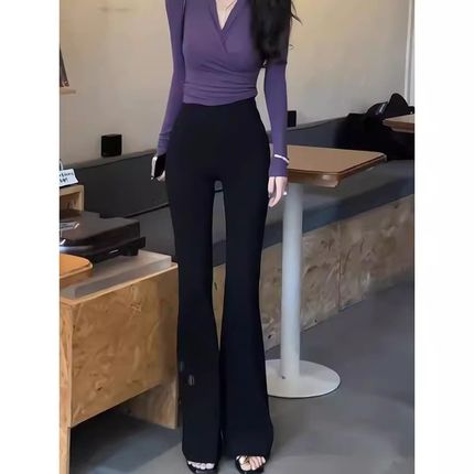 黑色侧拉链微喇叭马蹄裤夏季流行高腰修身塑形显瘦人鱼休闲裤女款