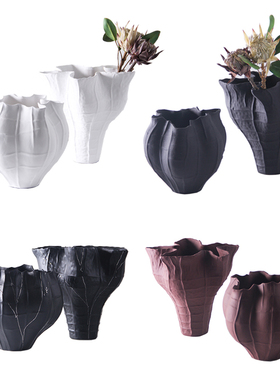 现代简约黑白荷叶k边陶瓷花瓶样板房间酒店家居砖红色异形花器摆