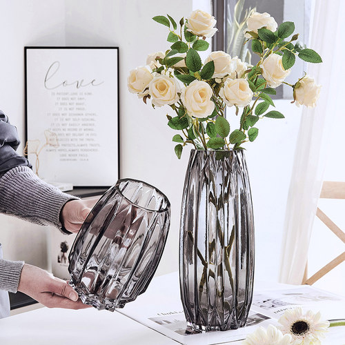 轻奢竖棱简约创意玻璃花瓶透明大号水养鲜花百合插花摆Z件客厅北
