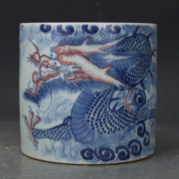 大清康熙青花釉里红龙纹笔筒 包老瓷器 古董古玩 旧货老货 收藏品