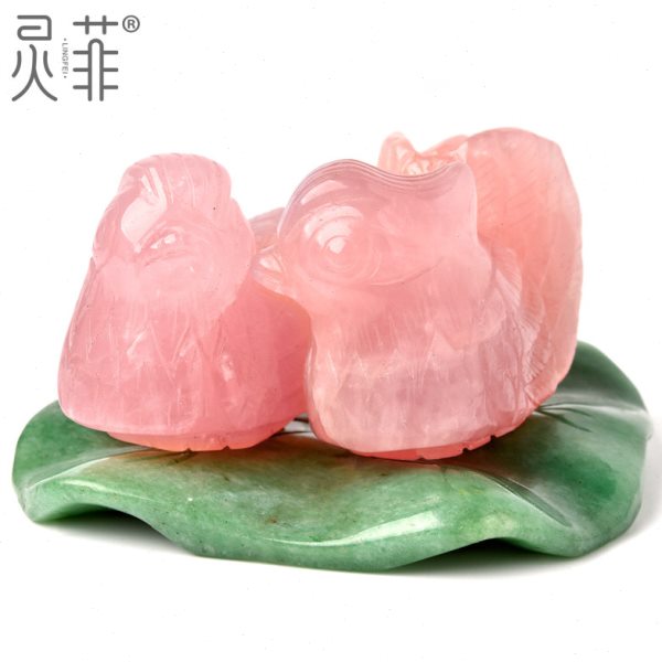 粉晶鸳鸯摆件一对比翼鸟芙蓉石粉色水晶原石原矿客厅新婚卧室饰品