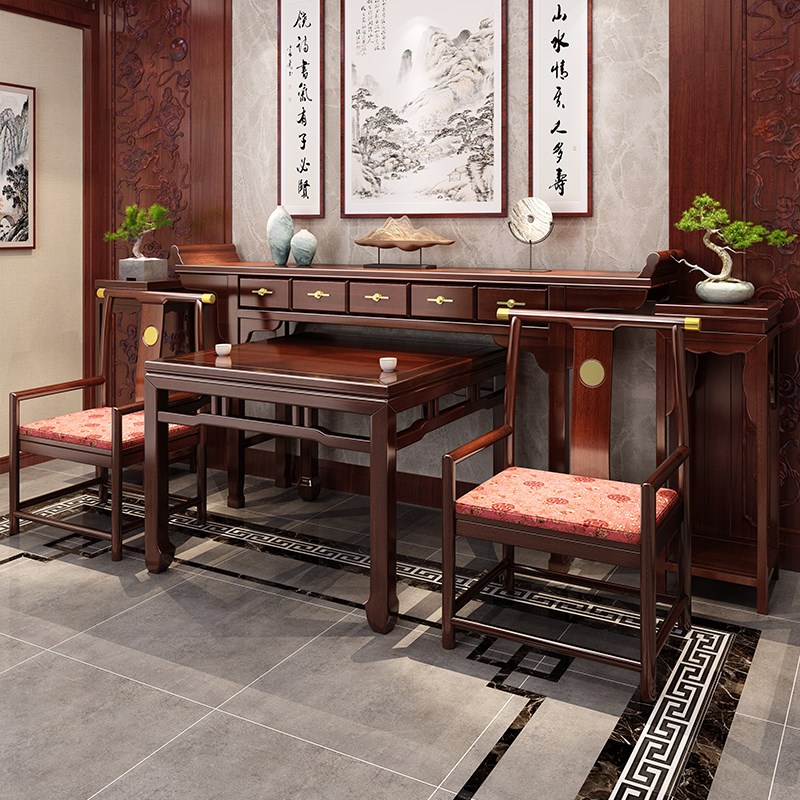 新中式乌金木实木中堂六件u套农村别墅翘头条案神台堂屋八仙桌条