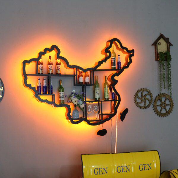 中国地图墙上家用壁挂酒吧铁艺装饰酒架创意发光展示置物书架柜