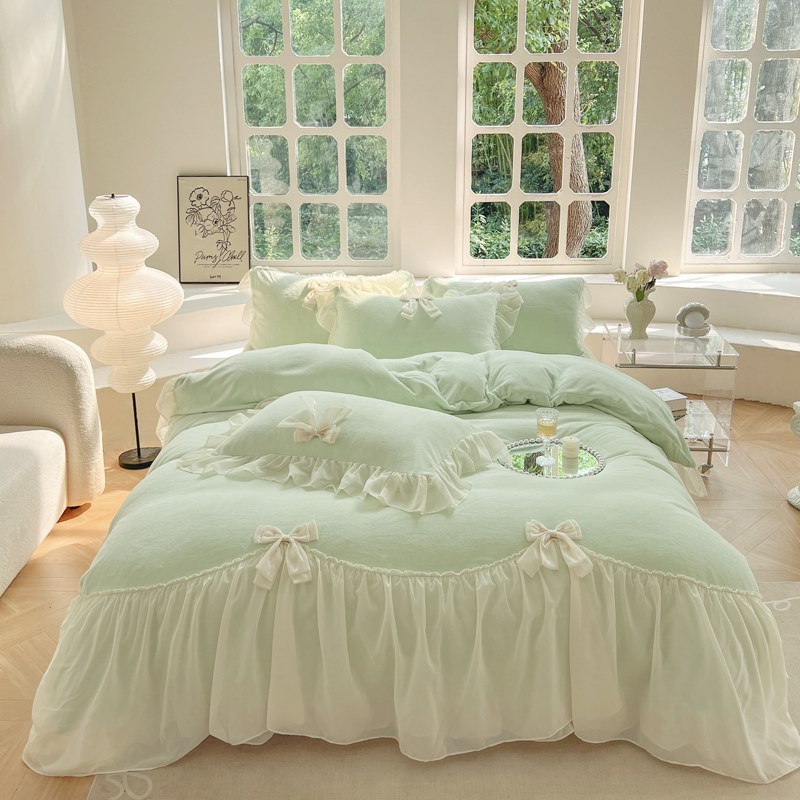 公主风牛奶绒床h上四件套珊瑚绒床单法拉绒被套加厚保暖双面宝宝