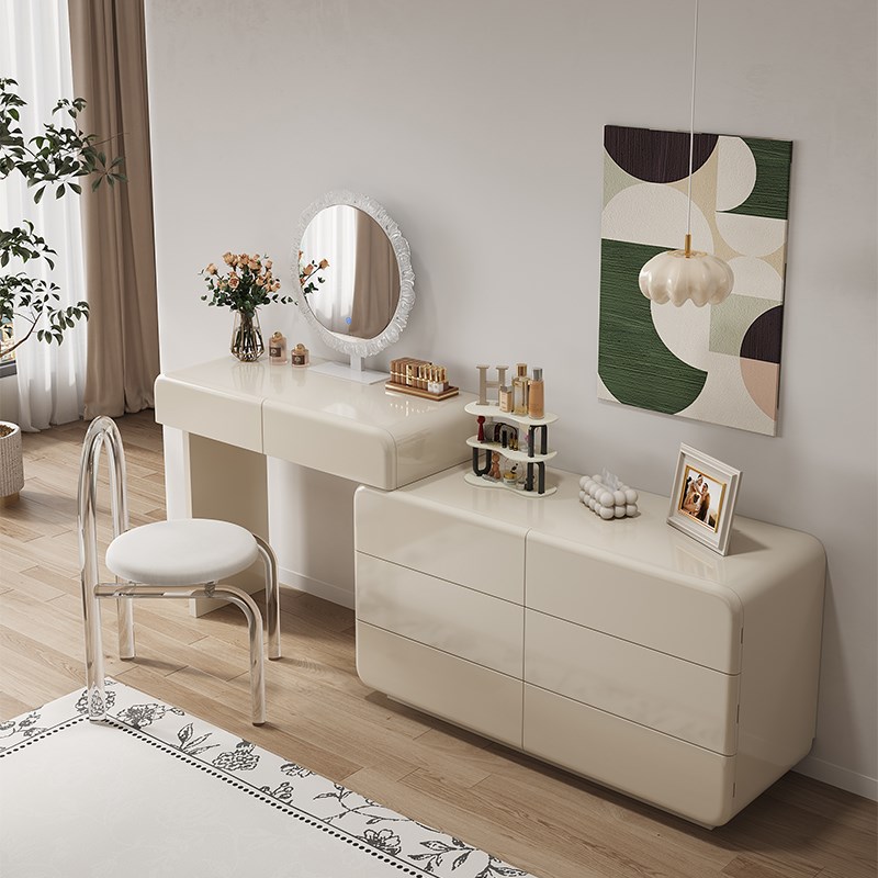 钢琴烤漆实木梳妆台六抽大容量化妆桌卧室N简约现代奶油风一体柜