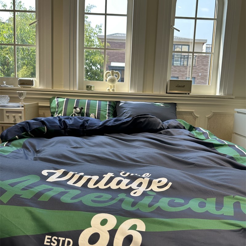 60支北欧条纹藏蓝绿字母四件套长绒棉数码印花1.5m1W.8米被套床单