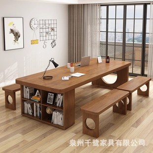 实木长桌子工作台家用去客厅化书桌书柜一体现代简约办公桌学习桌