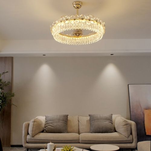 新款花朵造型水晶风扇灯客厅餐厅卧室全铜变频电机智能语音遥控器