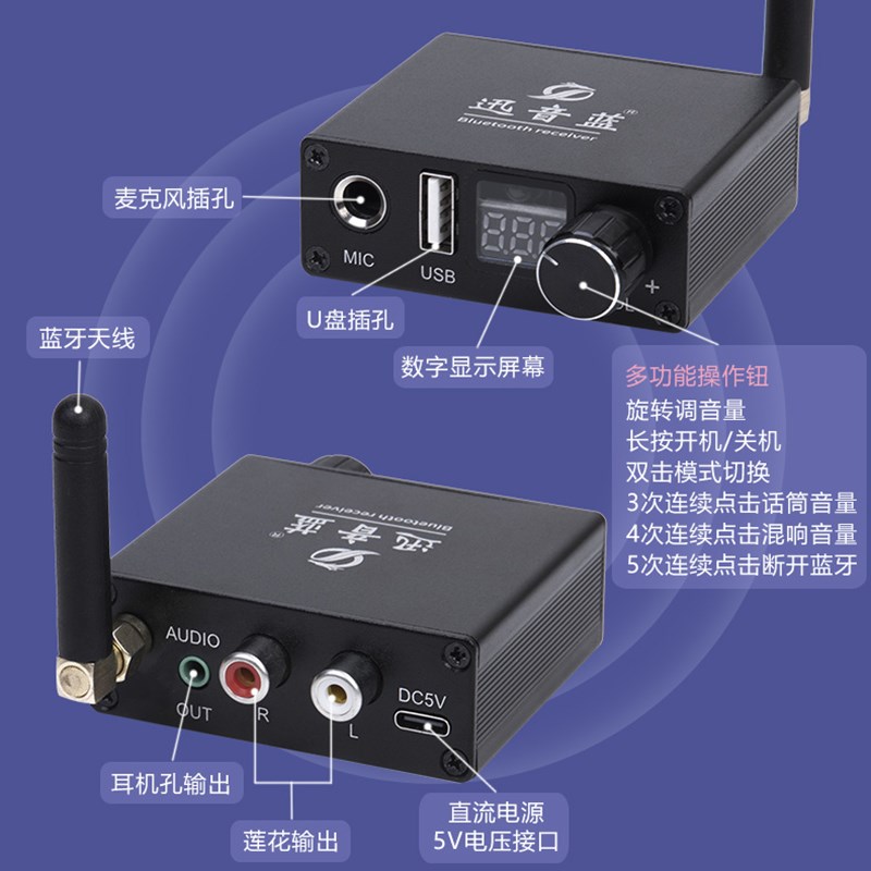 蓝牙5.3音频接收器老音箱功放转换无线适配器手机电脑无损立体声