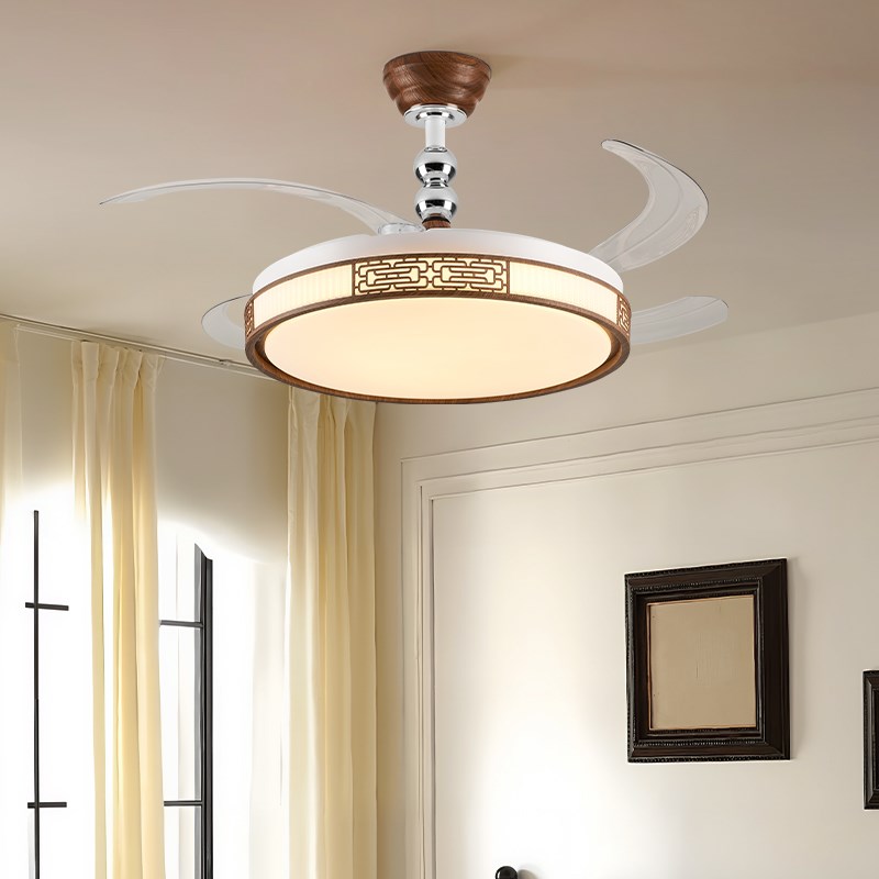 新中式隐形带吊扇灯吊扇灯奶油风客厅卧室饭厅电风扇吊灯中山灯具
