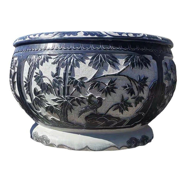 花岗岩青石雕刻荷花养鱼水缸庭院仿古做旧鱼缸花岗岩仿古圆形水缸