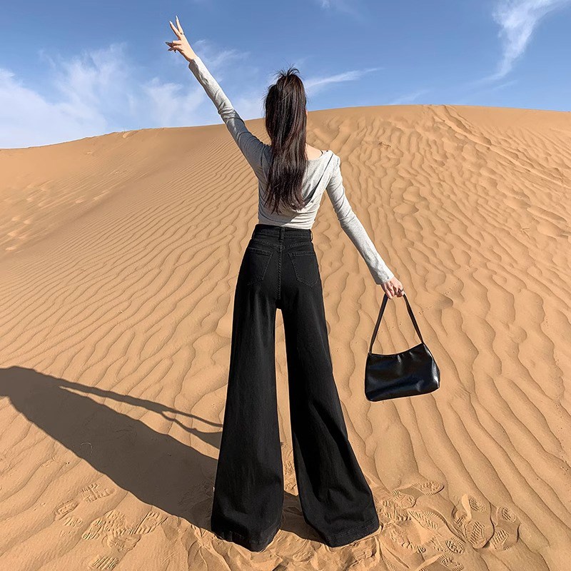 黑色大阔腿牛仔裤女春秋大码高腰宽松不贴腿喇叭拖地马蹄裤子秋冬