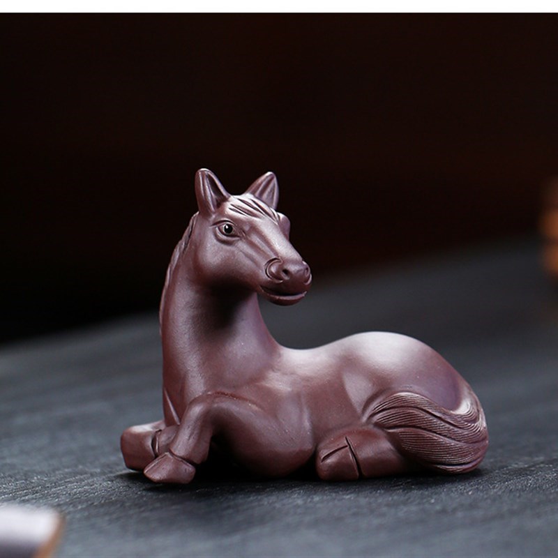 手工紫砂雕塑  茶盘摆件茶宠马  卧马 J 十二生肖马到成功精品可