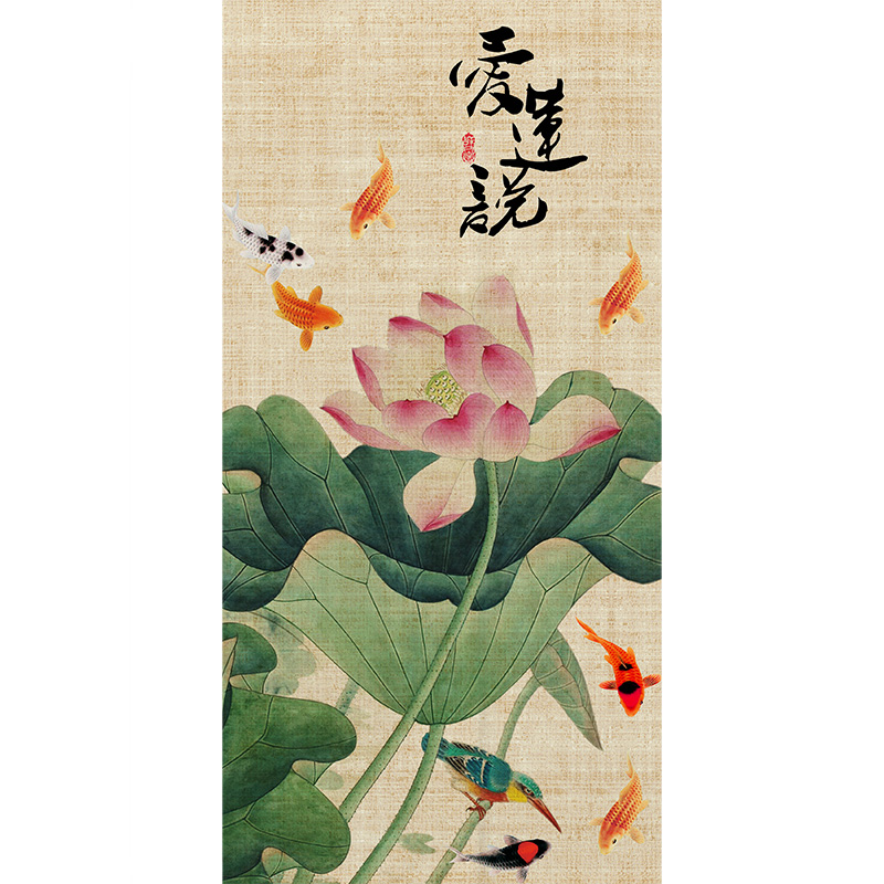 定制大尺寸棉麻卧室中式荷花锦鲤棉麻G布艺长款双面门帘隔断帘柜