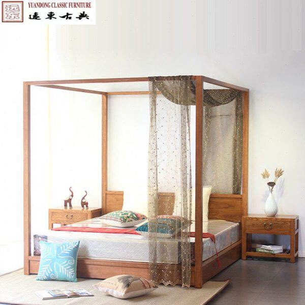 架子床双人四柱子大床东南亚风格中式工艺卧室实木老榆木床12B26