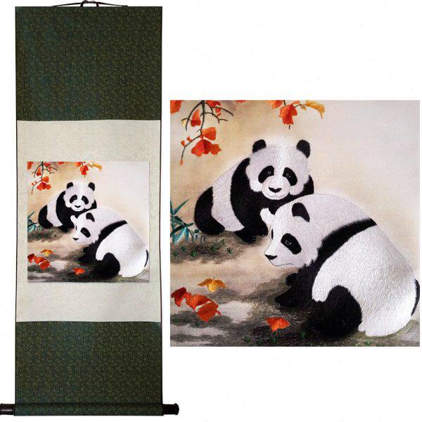 老秀馆蜀绣手工刺绣枫叶熊猫卷轴中国风特色工艺品客厅挂画礼物