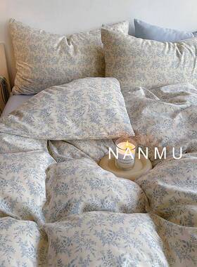 散文集｜文艺清冷系蓝色全棉四件套复古温柔纯棉床品1.8m床笠款