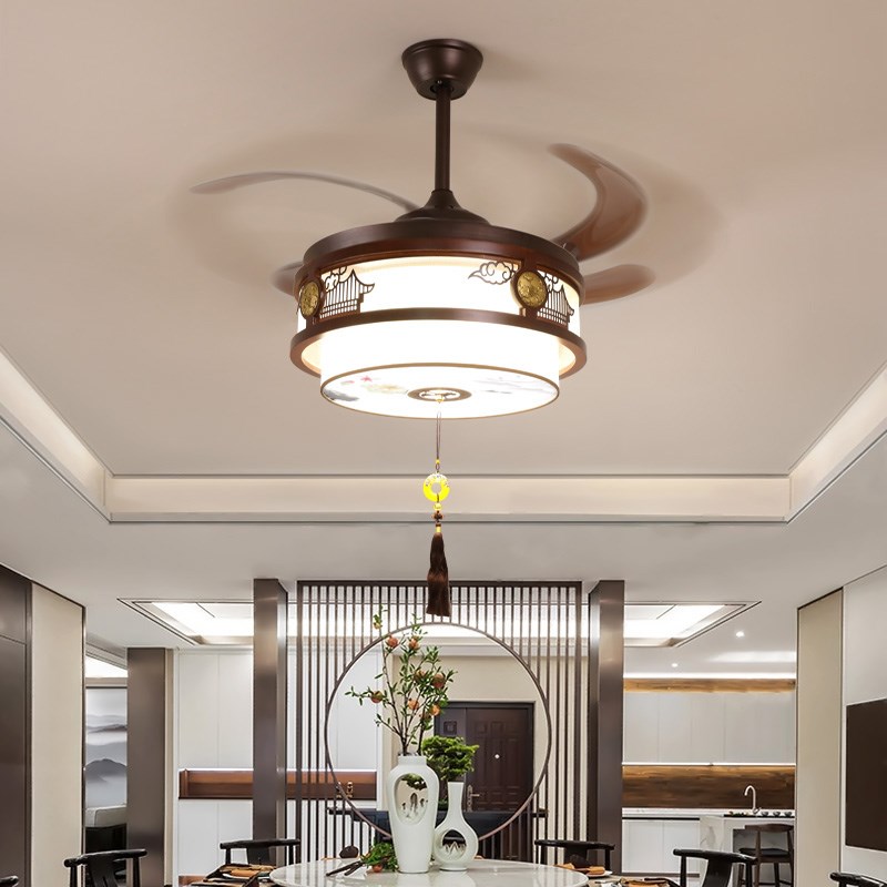 新中式风扇吊灯卧室客厅实木隐形家用中国风复古电扇变频餐厅吊灯